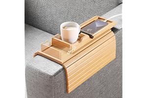 Bestjing Bamboo Couch Cup Holder and Sofa Armrest Table 2 in 1 Couch Arm Tray- Cup Holder Be Slide Detachable - Anti-Slip Foldable Sofa Armchair Caddy for Drinks Cellphone TV Remote Snacks
