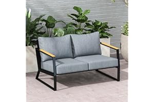 Mars Villa Patio Loveseat, Modern Metal 2 Seats Sofa with Removable & Washable Thick Cushion, Outdoor Couch for Balcony, Garden, Deck and Porch, Black and Grey