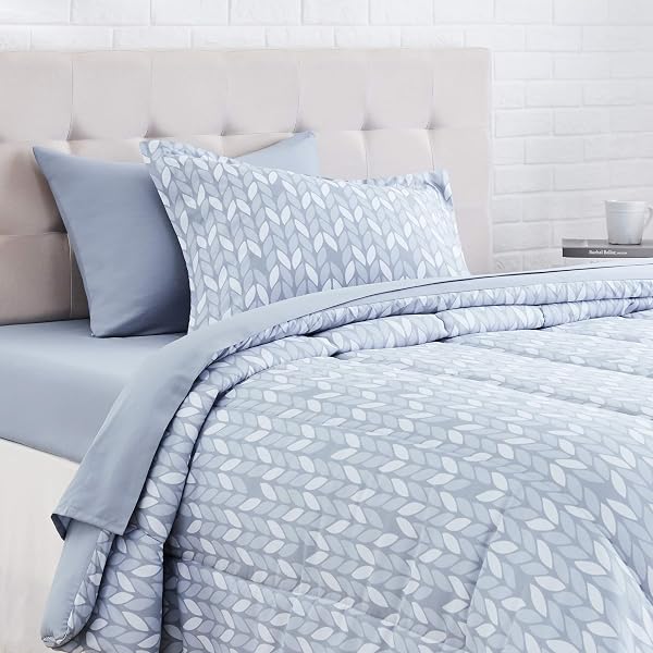 AMAZON BASICS TWIN/TWIN XL COMFORTER BEDDING SET WITH PRINTED SHEETS, 5-PIECE, GRAY LEAF, LIGHTWEIGHT MICROFIBER BED-IN-A-BAG, MACHINE WASHABLE