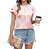 Blooming Jelly Women's Dressy Business Casual Pleated Ruffle Short Sleeve Satin Silk Work Blouse