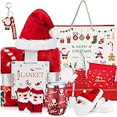 Patelai 10 Pcs Christmas Gifts Merry Christmas Gift Basket Set Xmas Hat 12 oz Tumbler Gift Bag Blanket Slippers Socks Candles Keychain Greeting Card for Women Wife Coworkers Friend Teacher