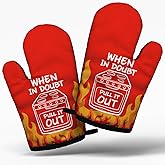 Funny Red Women Men Cooking and Baking BBQ Kitchen Gadgets with Heat Resistant Silicone Non-Slip, When in Doubt Pull It Out Oven Mitts Set of 2, Gifts for Bake Lover Bakers Family Dad Wife BBF Aunt