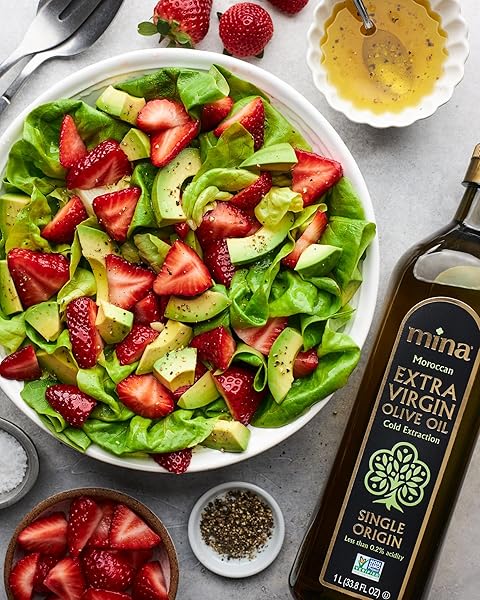 MINA OLIVE OIL EXTRA VIRGIN 33.8 FL OZ, NEW HARVEST, POLYPHENOL RICH OLIVE OIL FOR COOKING, MOROCCAN EVOO, SINGLE ORIGIN, COLD EXTRACTION, LESS THAN 0.2% ACIDITY, 1 L