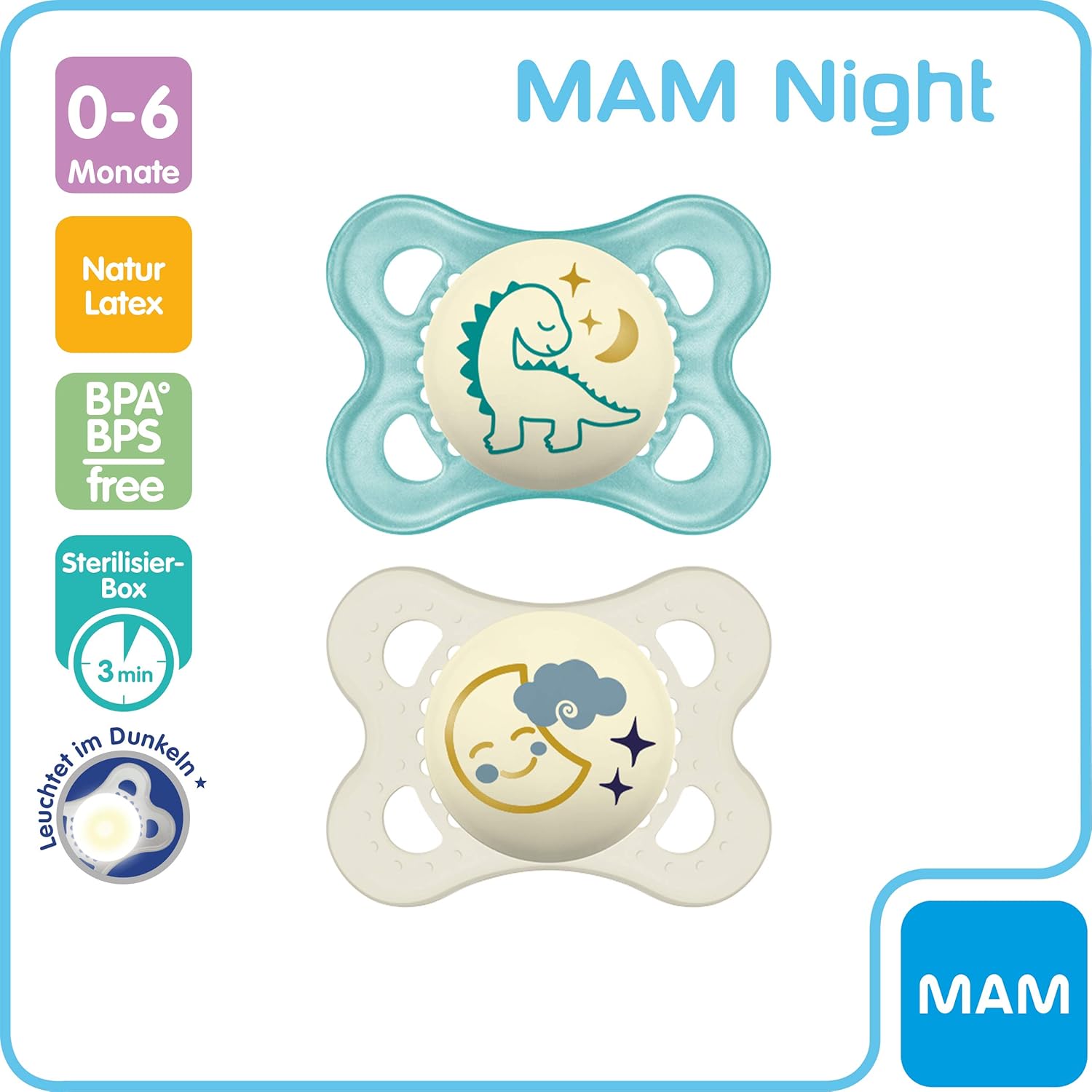 Nuage Heris Avec Boite A Tetine Mam Supreme Night Lot De 2 Tetines Lumineuses Pour Bebe Pour Un Developpement Sain Des Dents Et De La Machoire Previent Les Irritations Cutanees Sucettes