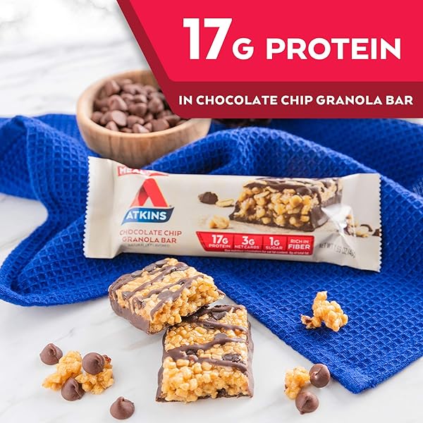 ATKINS CHOCOLATE CHIP GRANOLA PROTEIN MEAL BAR, HIGH FIBER, 17G PROTEIN, 1G SUGAR, 3G NET CARBS, MEAL REPLACEMENT, KETO FRIENDLY, 8 COUNT