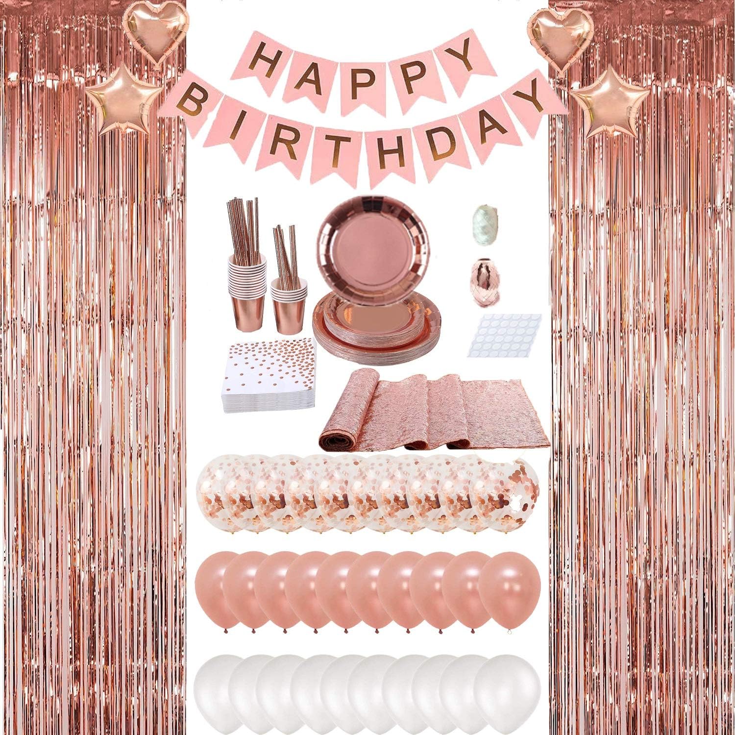 Rose Gold Birthday Party Decorations, Rose Gold Party Decorations Set for Girls Or Women, Happy Birthday Banner, Curtains, Table Runner, Balloons, Plates, Cups, Tissue for 24 Guest by JSN Party: Health & Personal Care