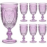 Wiwiqing 6 Pcs Plastic Goblets 7.5oz Vintage Goblet Plastic Wine Glasses Colored Retro Embossed Water Goblets for Wine Bar Juice Baby Shower Wedding Reception Grand Event Party (Purple)
