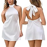 Parthea Women's Sexy Backless Satin Silk Mini Dress High Neck Tie Elegant Party Date Night Dresses
