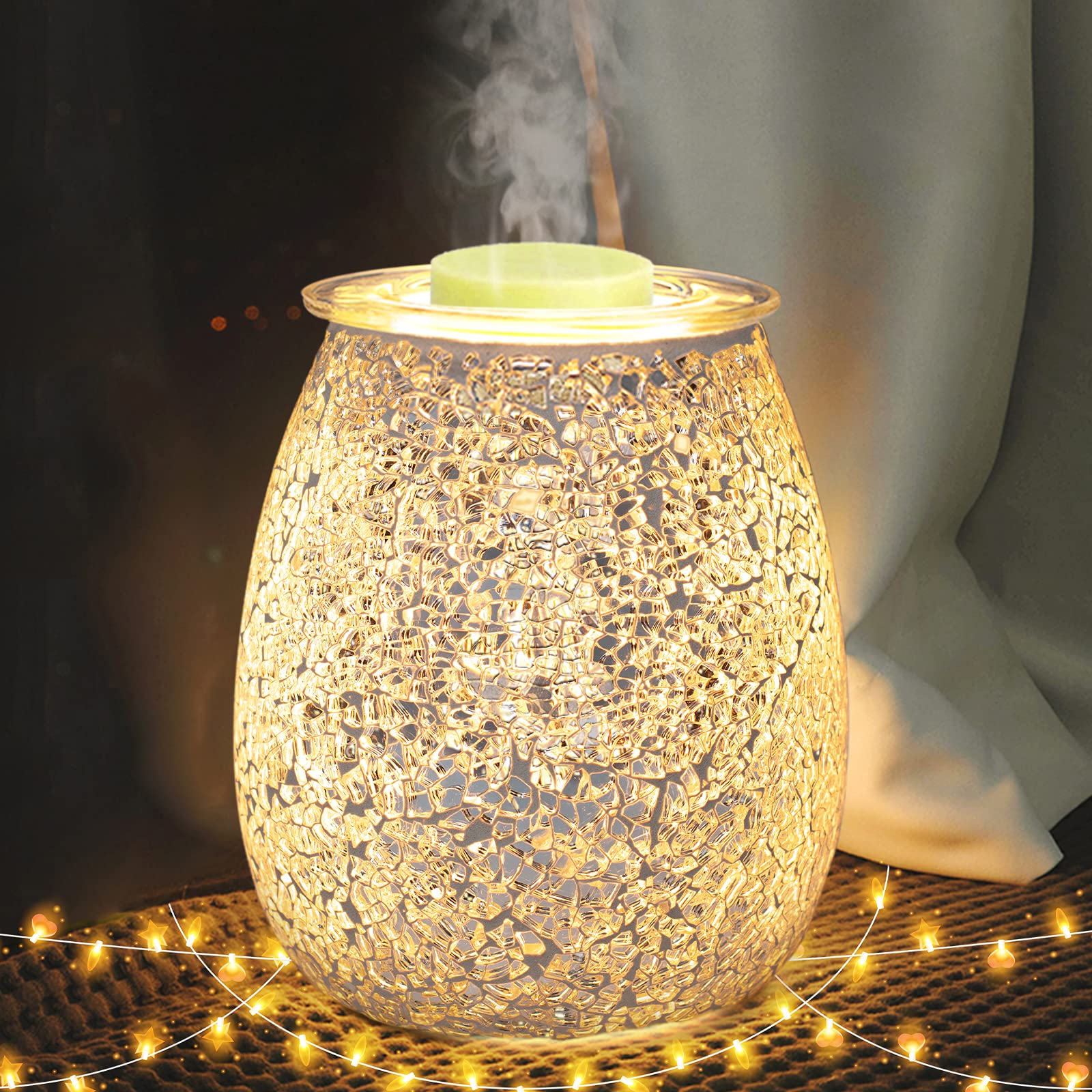 Sykollas Glass Electric Oil Burner Wax Melt, Aroma Lamp Candle Warmer Melter Essential Fragrance Burner, Night Light Oil Lamp for Home Bedroom Living Room Decoration Gift - Silver