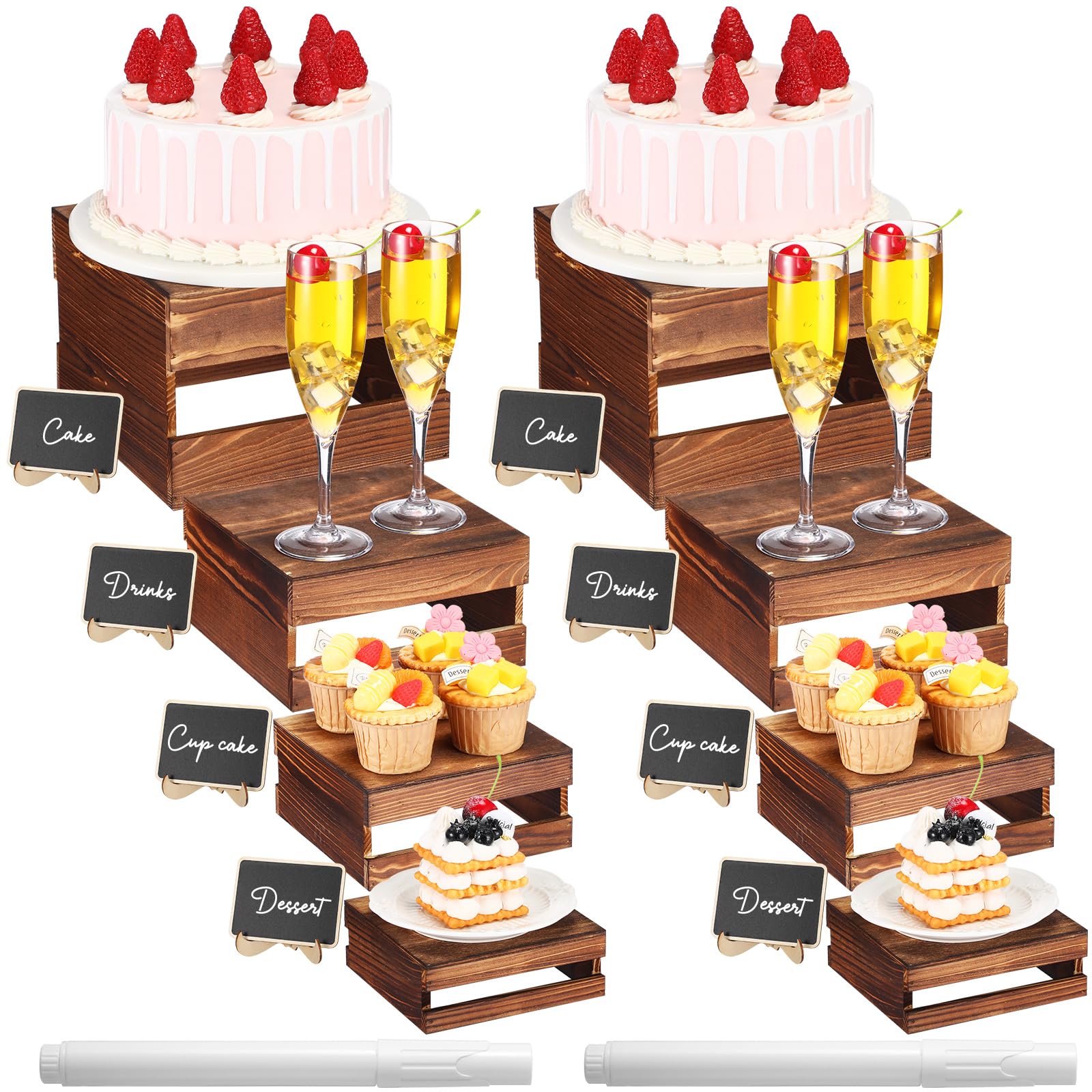 Photo 1 of Lallisa 8 Pcs Buffet Risers with Mini Signs Bulk Wooden Food Risers for Buffet Table Rustic Wood Cake Stands Crate Dessert Display Stand with Hollow Bottoms for Wedding Birthday(Vintage Brown)