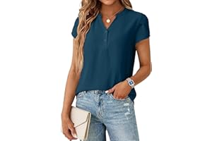 Qixing Womens Dressy Casual Henley Tops Summer V Neck Business Work Shirts Cap Sleeve Blouses Vacation