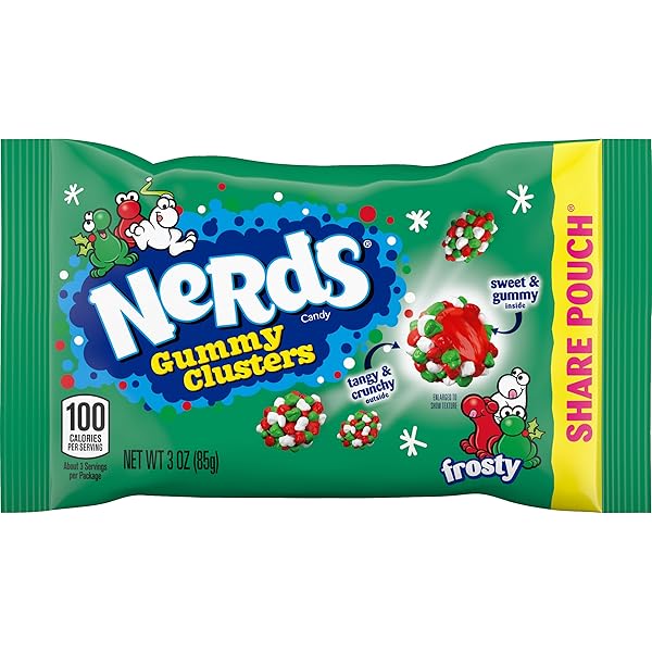 NERDS FROSTY GUMMY CLUSTERS SHARE POUCH, HOLIDAY NERDS, RED AND GREEN GUMMY CANDIES, 3 OZ