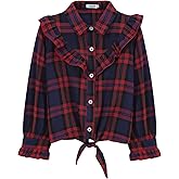 Girls Sleeveless Plaid Button Down Shirt Summer Crop Tops Tie Knot Ruffle Sleeve Shirt Blouse 3-12Y