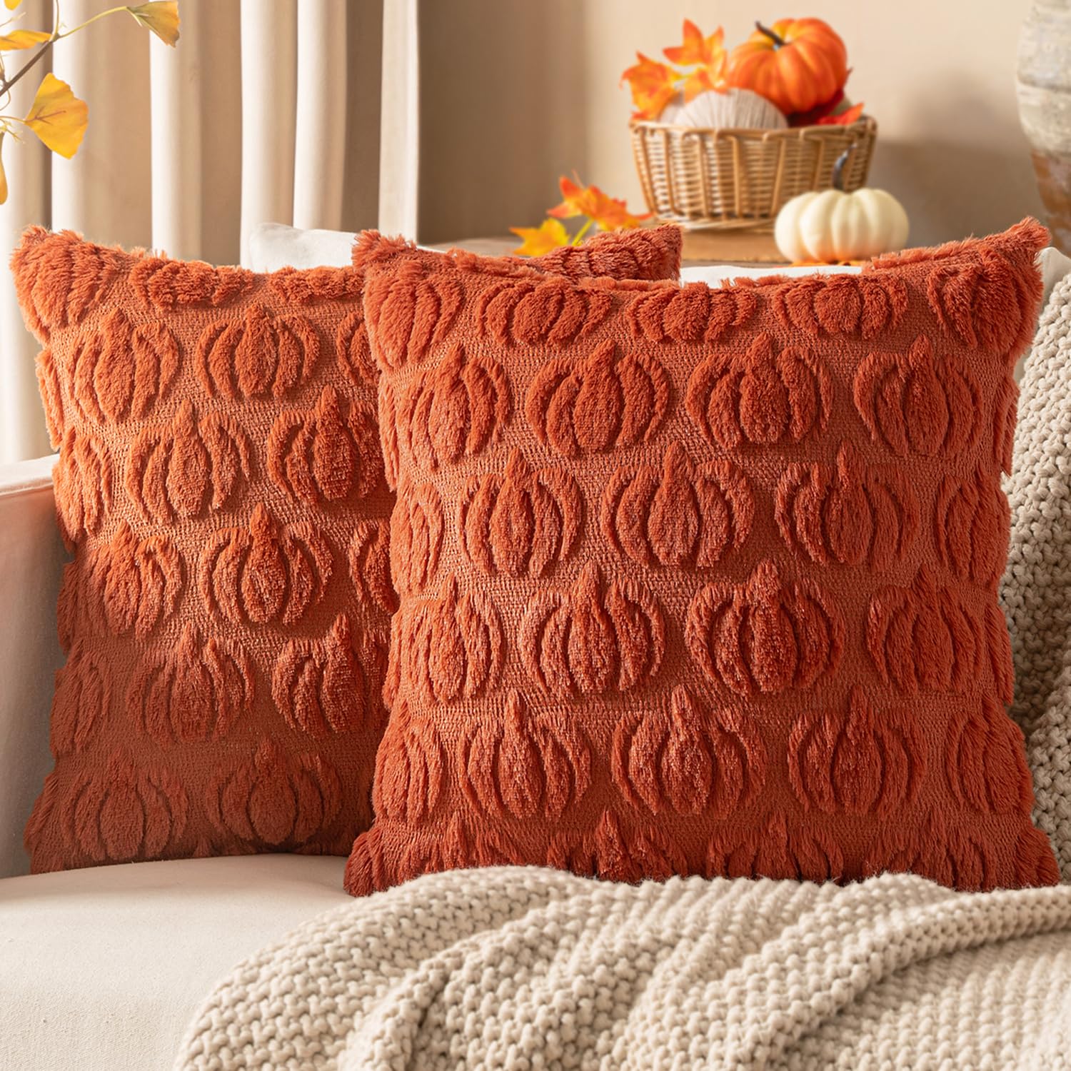 Photo 1 of Woaboy Fall Decorative Pillow Covers 18x18 Inch, Rust, Set of 2 Pumpkin Halloween Thanksgiving Autumn Harvest Soft Faux Fur Pillows for Couch Porch Sofa Bedroom Living Room Home Decor