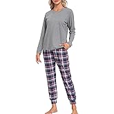 MoFiz Women's Long Sleeve Pajamas Sets with Plaid Pants Comfy Sleepwear Nightwear 2 Piece Pjs with Pockets