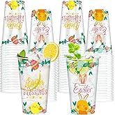 BYMIOYA 50Pcs Easter Disposable Plastic Cups 16 oz Happy Easter Clear Cups with Cute Bunny Colorful Eggs and Chick Spring Drinking Cups, Party Cups Coffee Hot and Cold Drinks Spring Party Decorations