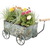 Zokyntrix Vintage Flower Cart with Wooden Handles Metal Wagon Planter Blue | Outdoor Plants, Garden Planter with Wagon Wheels, Decorative Wheelbarrow, Plant Cart for Patio Garden Balcony