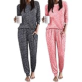 Ekouaer 2 Pack Womens Pajama Set Soft Pjs Long Sleeve Top With Jogger Pants Lounge Sets Sleepwear Loungewear with Pockets