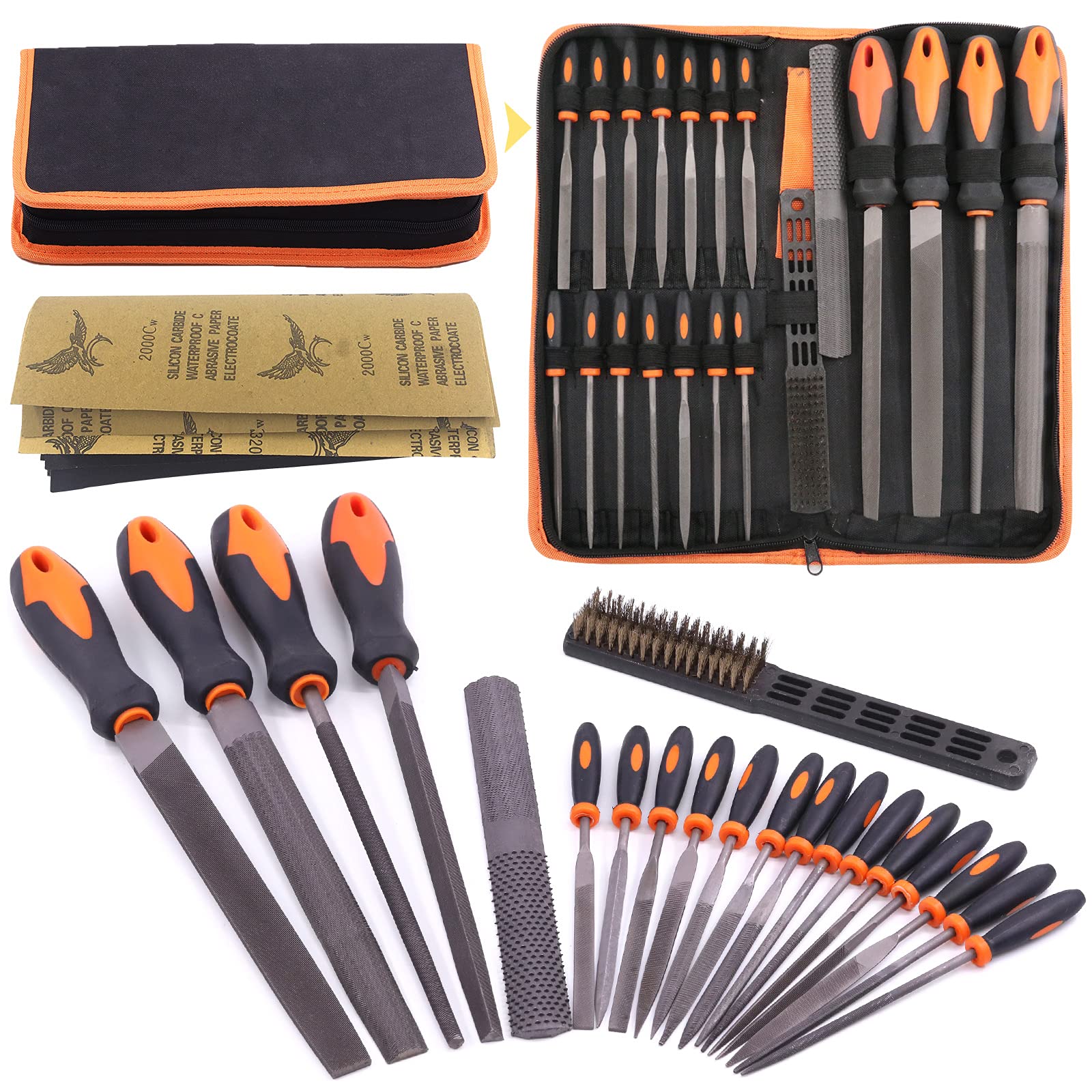 Mardatt 24Pcs Professional Metal File Set Tools Include 4 Large Hand Files 1 Rasp Tool 14 Needle Files 1 Wire Brush and 4 Sandpapers W Zipper Case for DIY Craftwork, Shaping Metal, Wood, Plastic