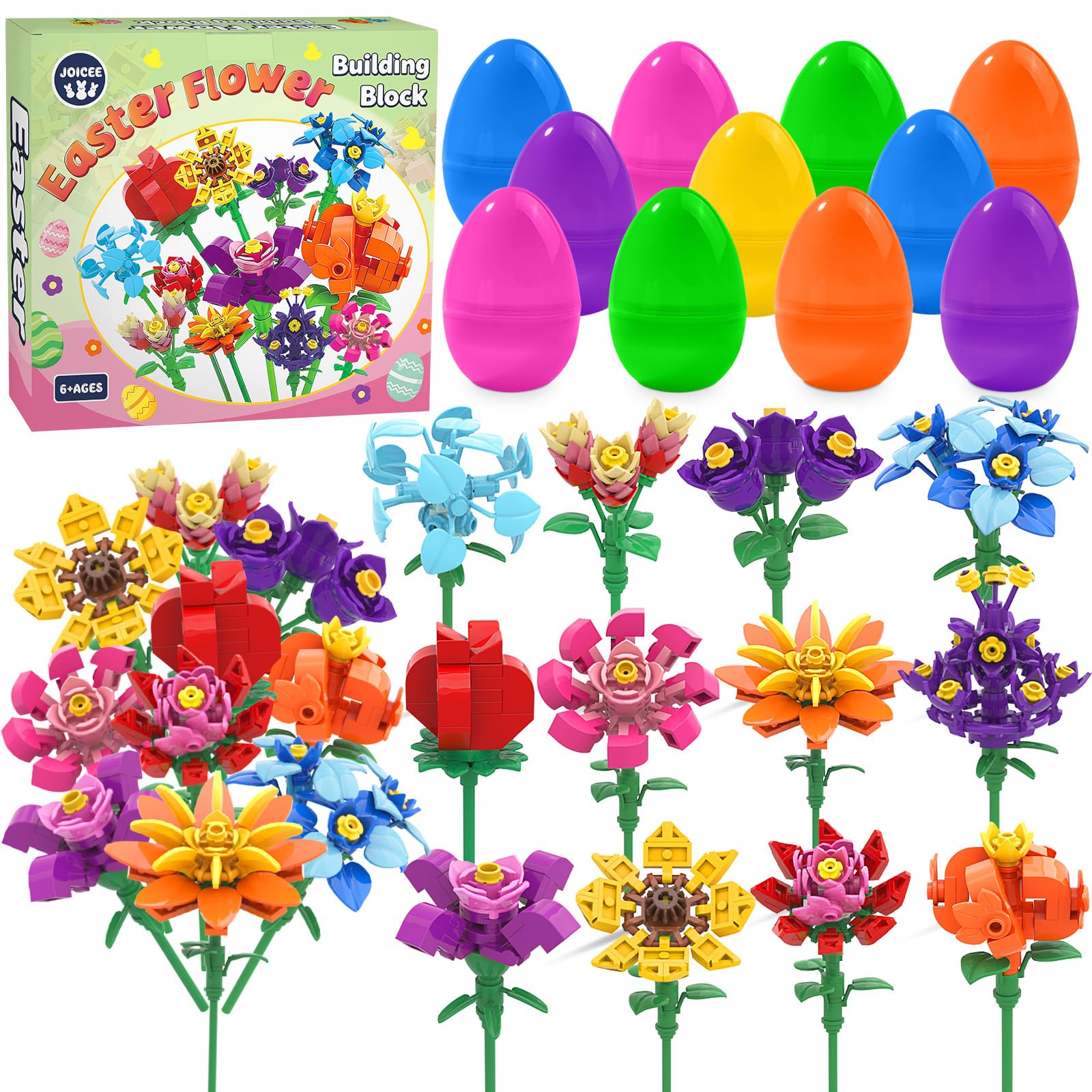 JOICEE 12 Pack Easter Eggs with Flower Building Blocks,Prefilled Eggs Flower Building Brick Blocks Toys Set for Kids Easter Egg Hunt Classroom Prizes Party Favors Gifts