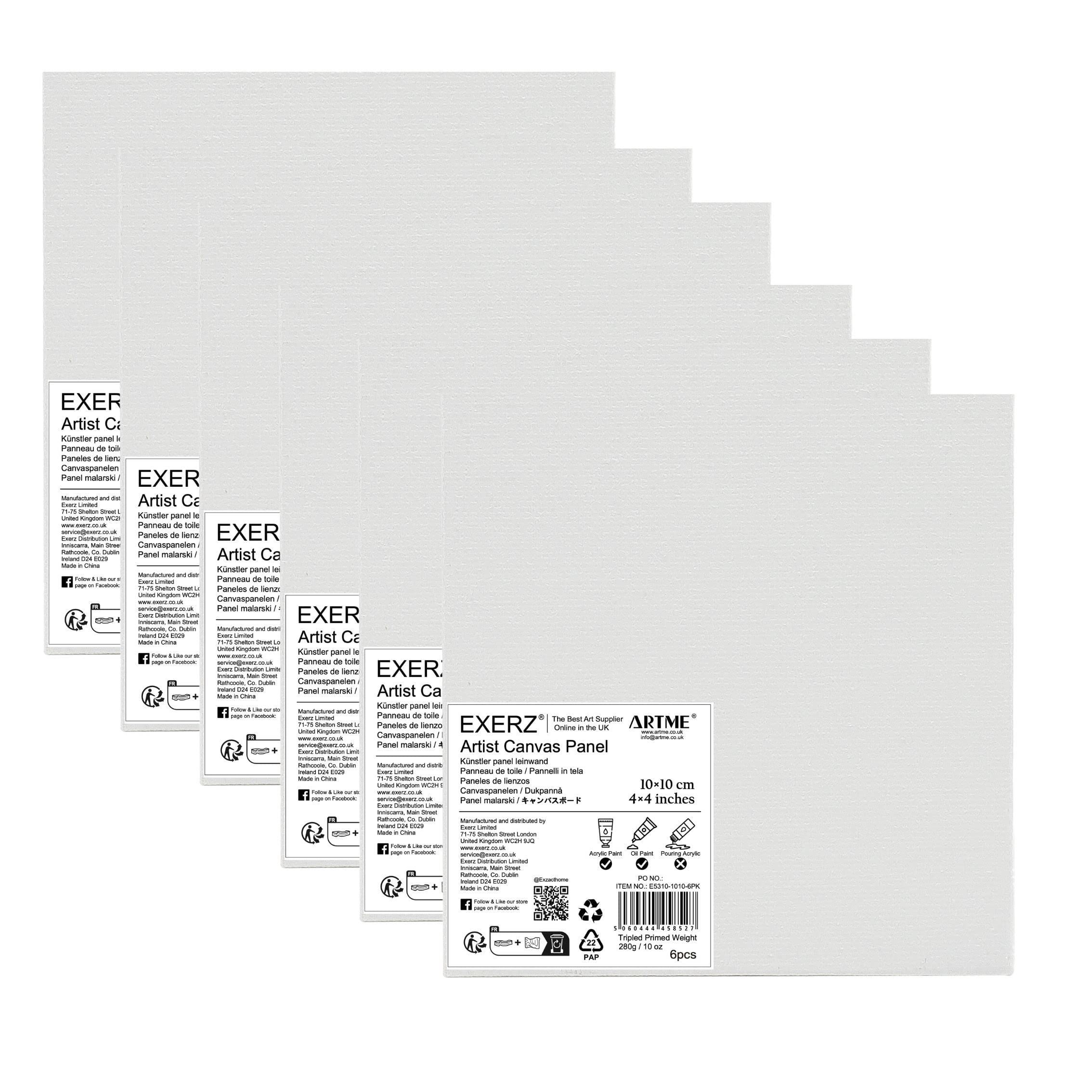 Exerz 10x10cm Canvas Panels 3mm 280gsm 100% Cotton/Blank Artist Canvas Board/Triple Primed/Acid Free/Medium Grain - Oil & Acrylic
