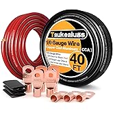 1/0 AWG Battery Cable 0 Gauge Wire Copper Clad Aluminum CCA Amp Wiring Kit 40FT Black/Red for Automotive Power Ground,Car Aud