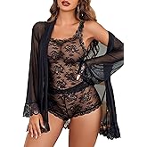 Avidlove Lingerie for Women 3 Piece Lingerie Set Floral Lace Cami Sleepwear with Kimono Robe Pajama Set