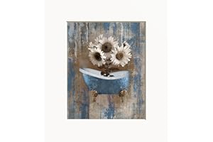 LITTLEPIECREATIONS Brown Blue Bathroom Home Decor Wall Art Rustic Sunflowers in Tub Matted Wall Decor Picture (8x10 photo with 11x14 mat, Brown Blue Sunflowers in Tub)