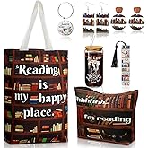 Ziliny 7 Pcs Book Lovers Gifts Set Book Makeup Bag Earrings Metal Bookmarks Keychain Glass Cup for Reader Gifts Accessories