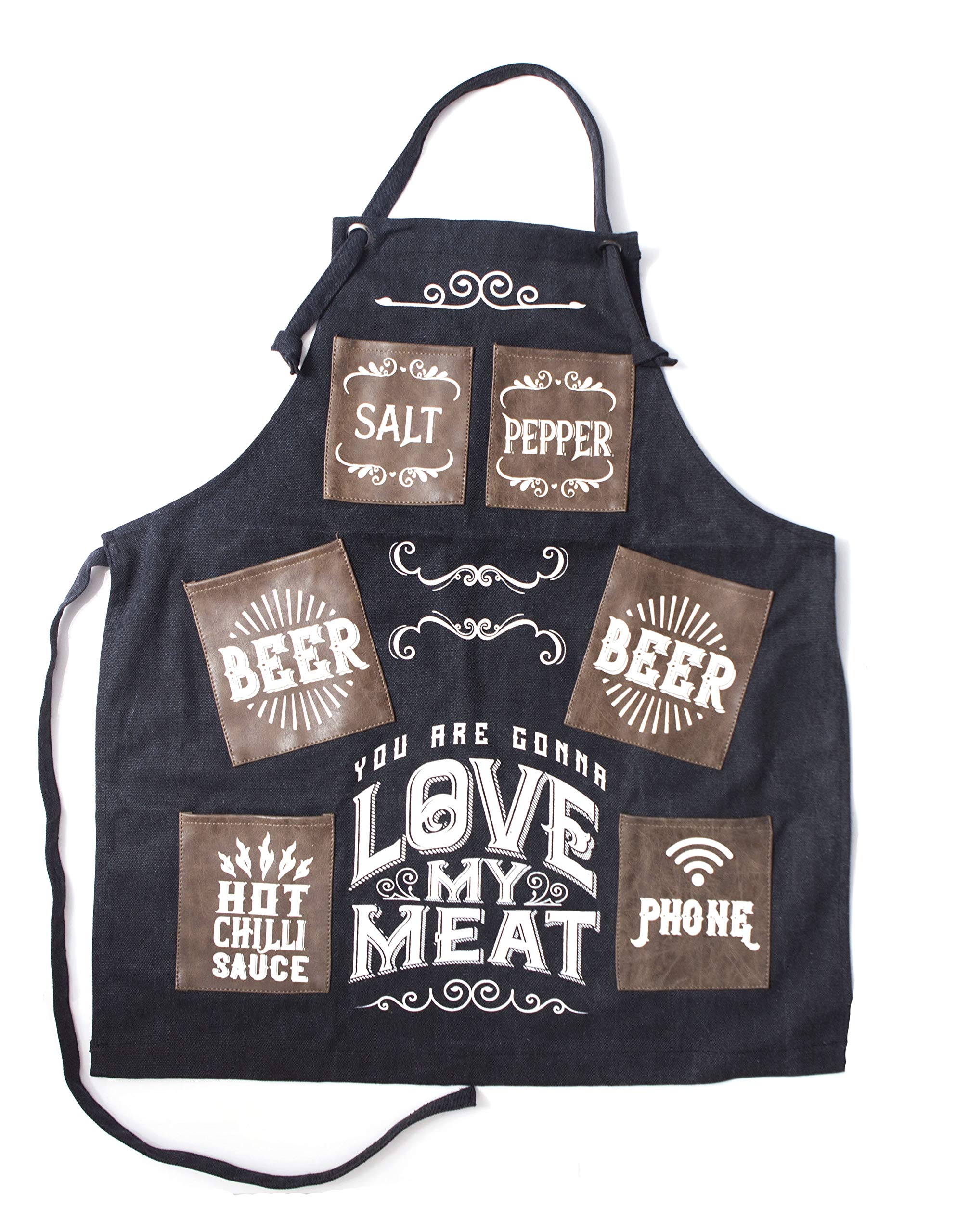 Boxer Gifts Men's Boxer Gifts Love My Meat Novelty Mans BBQ Cooking Apron Heavy Duty Canvas Gift For Him Birthday, Black, One Size UK
