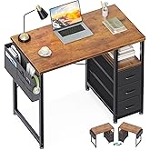 AODK 32" Small Computer Desk with Fabric Drawers, Kids Girls Teen Study Writing Desk for Bedroom, Home Office Desk with Storage Shelf & Bag for Small Space, Vintage