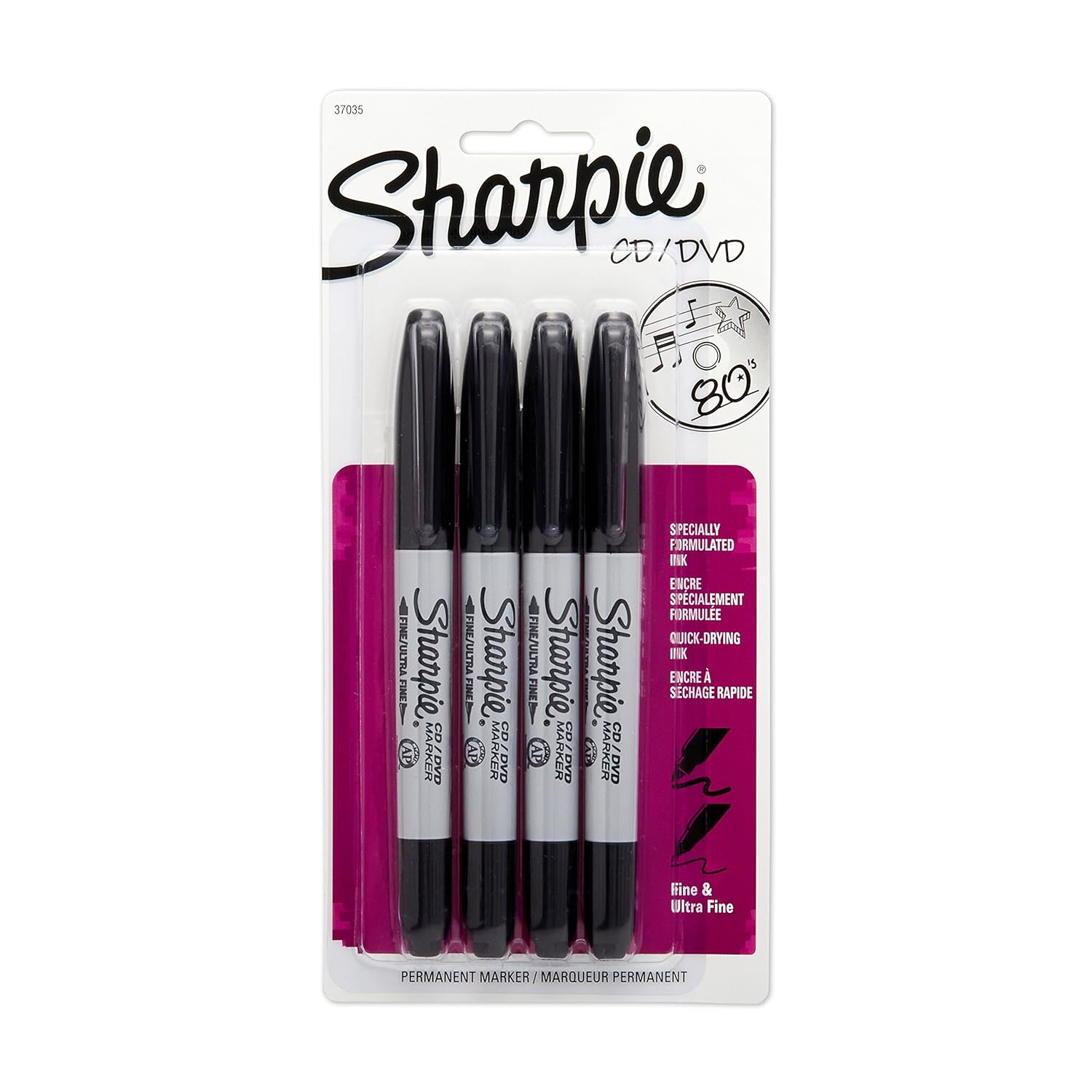 Sharpie CD/DVD Twin Tip Permanent Markers, 4 Black Markers (37035PP