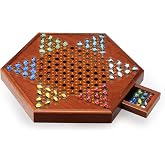 Chinese Checkers Board Game Set with Drawer Storage - 15.6" Wooden Board | 6-Player, With 72 Colorful Glass Marbles &ndash; 16mm Size For Easy Grasping. Family Strategy Game For Kids &amp; Adults. Game Night