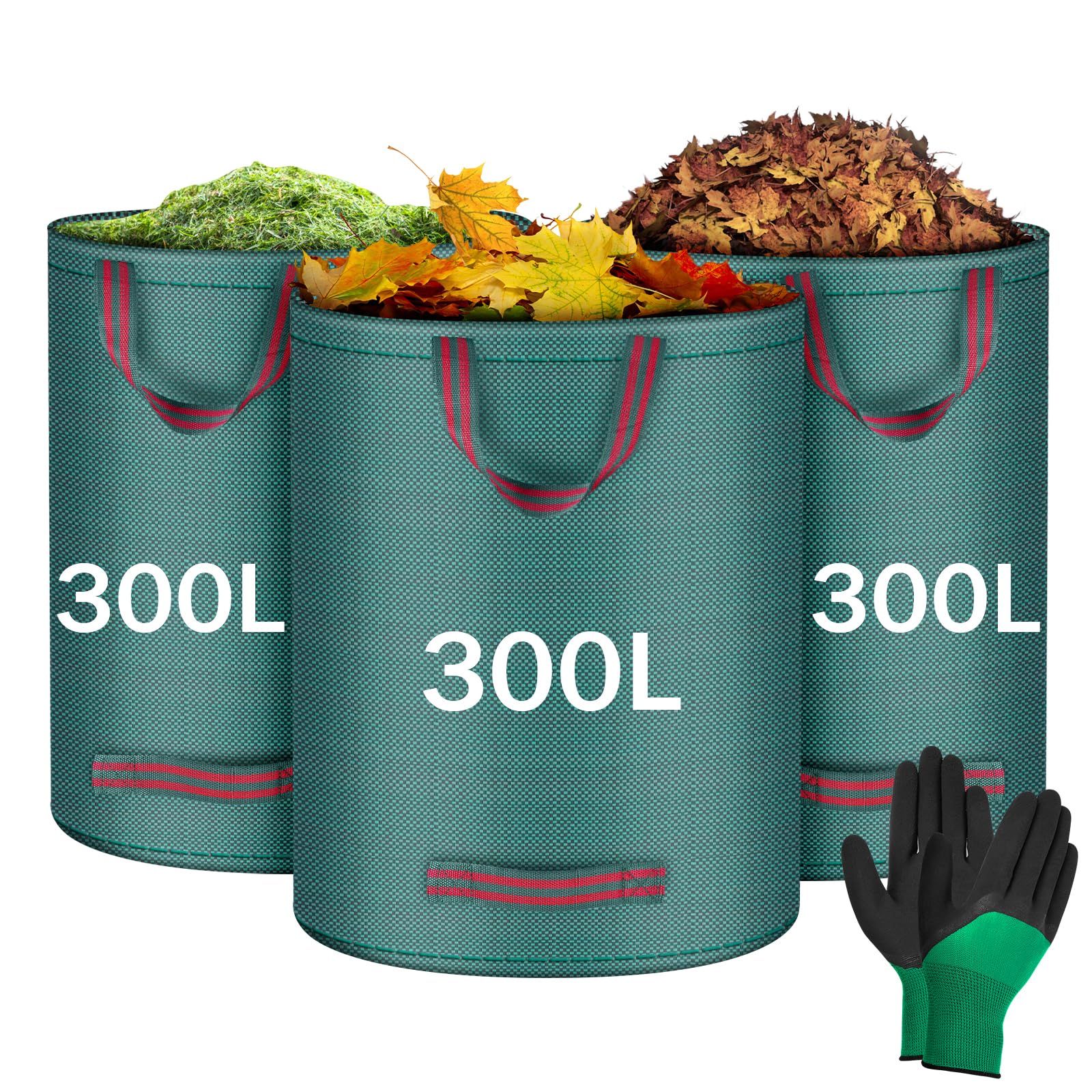 Flintronic Garden Waste Bags 3Pcs 300L Heavy Duty Garden Bags, Reusable Gardening Gloves with Handles, Foldable Camping Recycling Bags With a Pair of Gloves, Ideal for Collecting Leaf, Trash