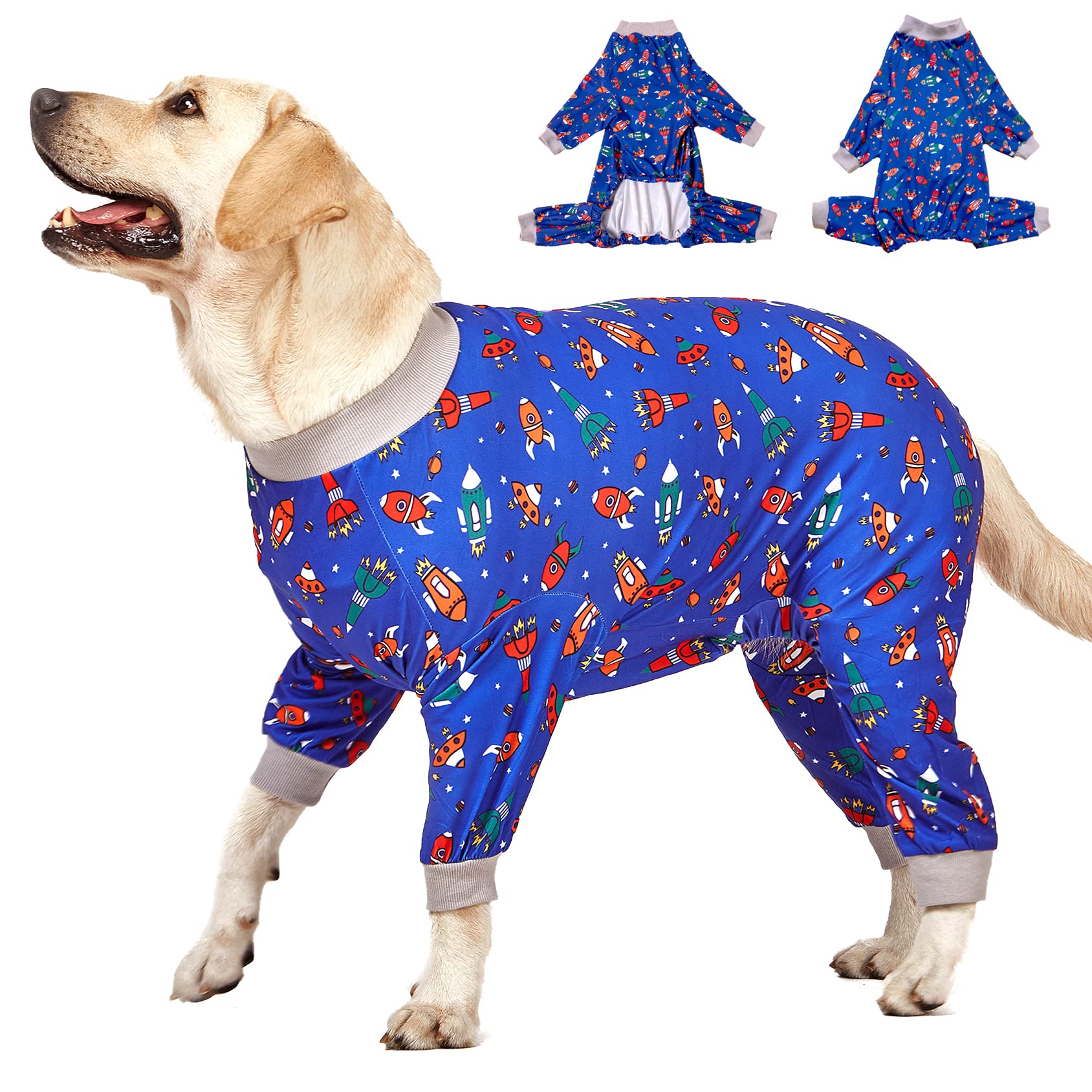LovinPet Large Dog Pajamas, Navy Rocket And Spaceship Print, Lightweight Stretchy Knit Big Dog Pullover Shirt, Stop Shedding for Dogs, Onesies for Dogs, Pet Pj's Jumpsuit, Pj's for Pitbulls, M — image 1