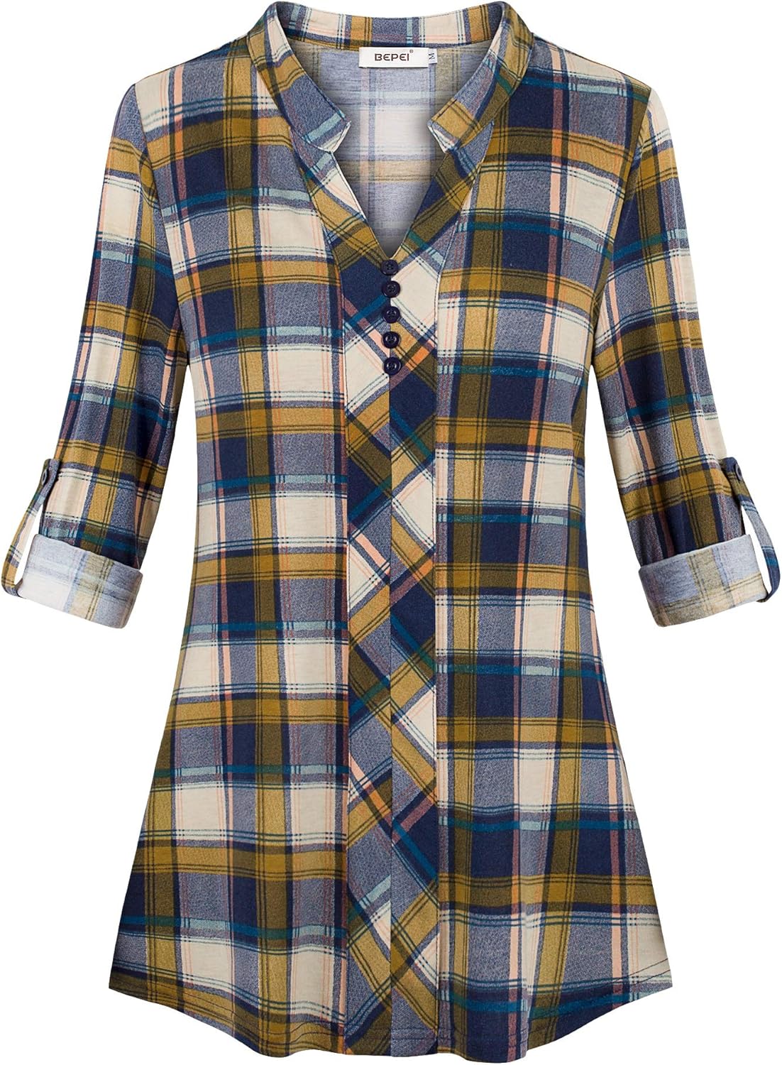 BEPEI Womens Roll-up 3/4 Long Sleeve Plaid Shirts Henley V Neck Casual Tunic Top: Clothing