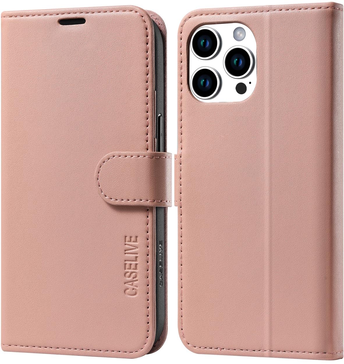 CASELIVE Wallet Case for iPhone 15 Pro Max, Genuine Leather Case with [Card Holder] [Screen Protector] [RFID Blocking][Shockproof TPU Inner Shell] Folio Cover for iPhone 15 Pro Max 6.7''(Rosybrown)