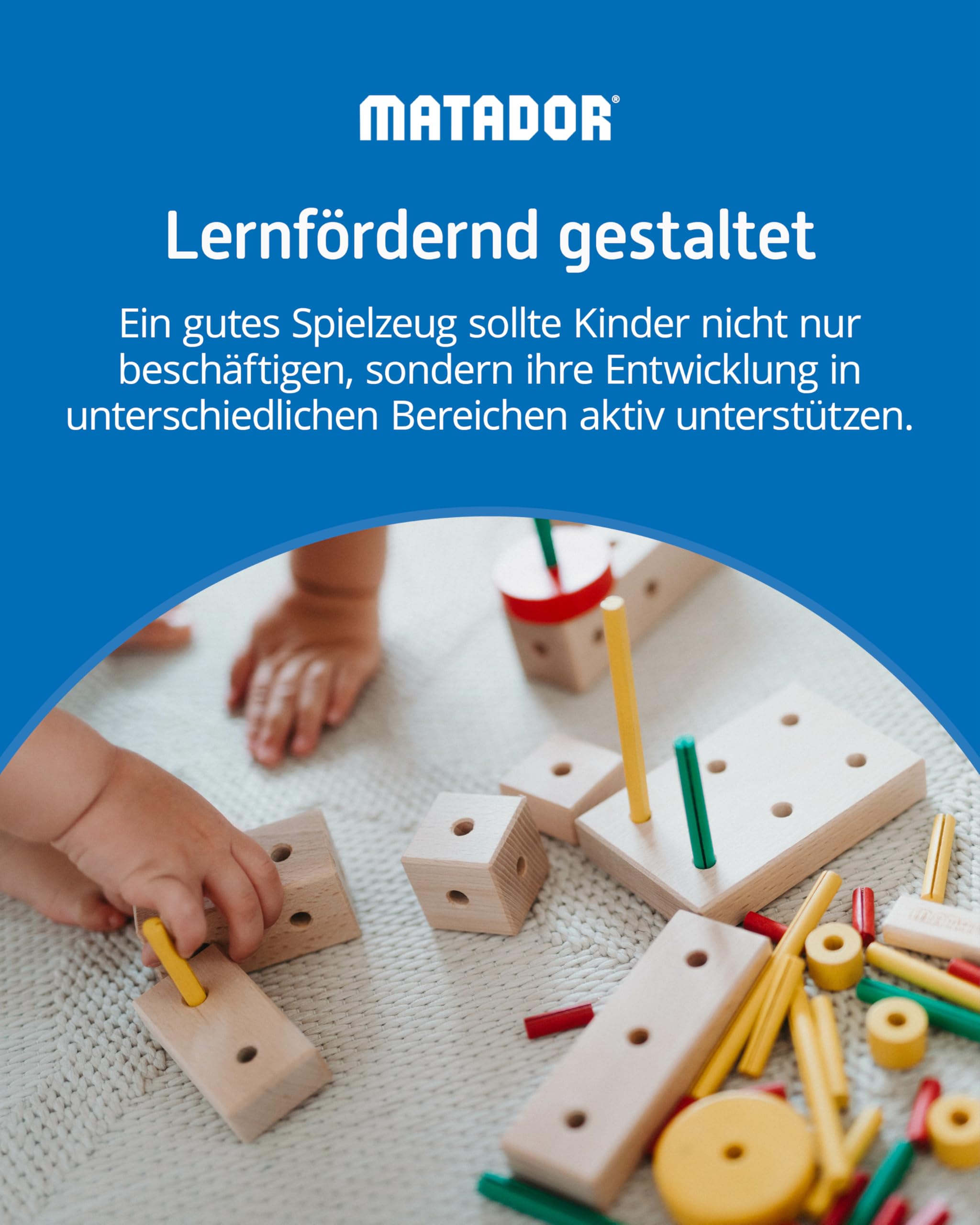 Matador Kinder Baukasten ab 3 Jahren 108-tlg. - Spannendes Holz Konstruktionsspielzeug zur Schulung von Kreativität und Feinmotorik, Bauspielzeug mit Stäbchen, Klötzen, Hammer & Zange 4