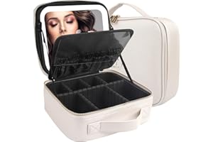 MOMIRA Travel Makeup Bag Cosmetic Bag Makeup Organizer Bag with Lighted Mirror, Adjustable Brightness in 3 Color Scenarios, Waterproof Makeup Train Case, Gift for Women - Khaki