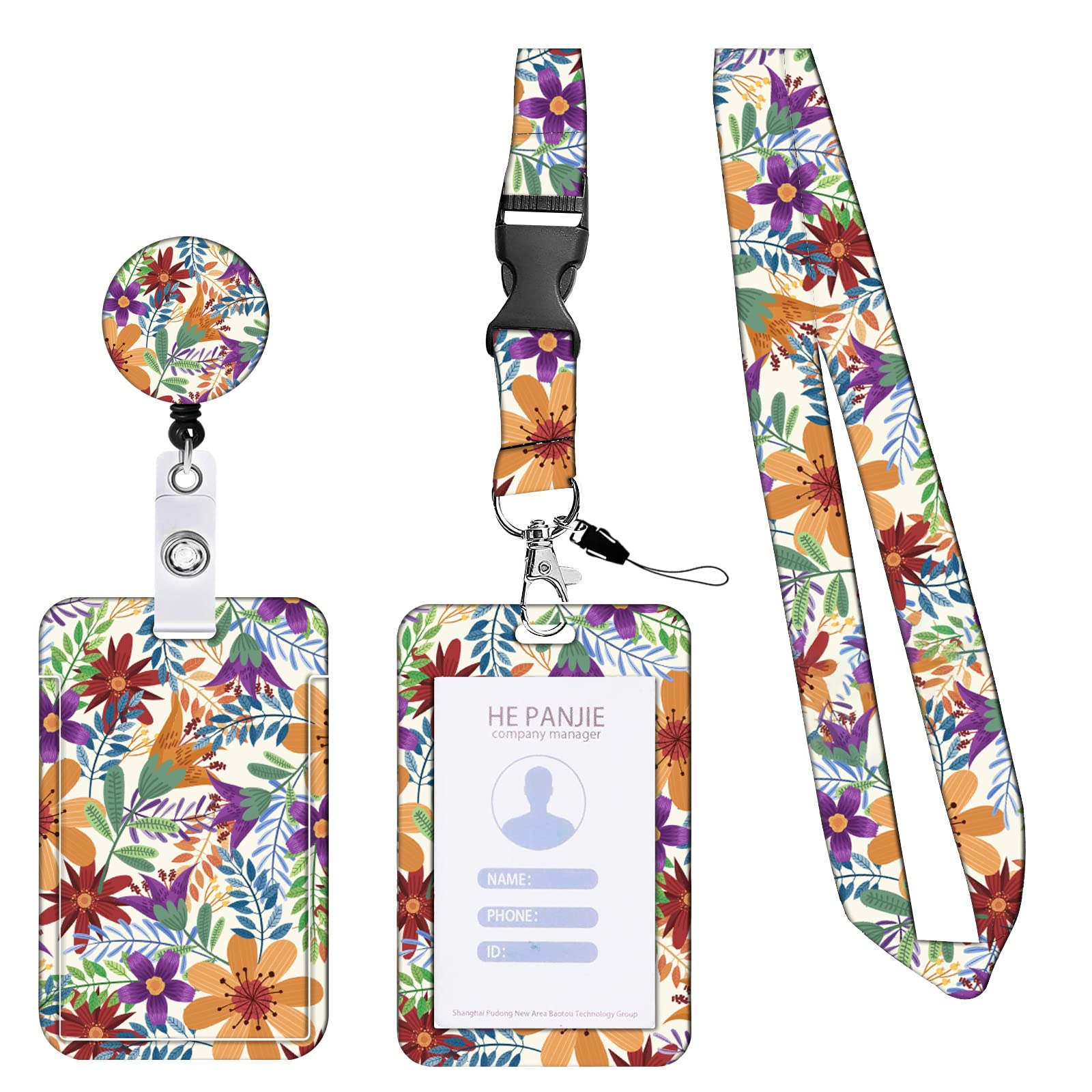 KHDULQ Badge Holder, Lanyard with Card Holder, Funky Lanyard, ID Holder (IOrange Flower Pattern) for Phone Lanyard, ID Card, Office, and School Supplies