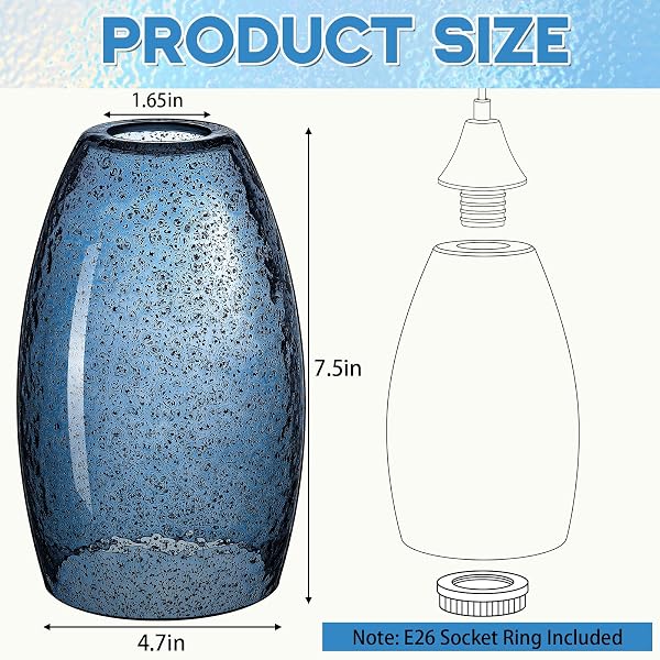 TEENYYOU 2 SET OVAL GLASS LAMP SHADE 7.5″ HIGH X 4.7″ DIAMETER GLASS PENDANT LAMPSHADE COMPATIBLE WITH E26 LIGHT FIXTURES LAMPSHADE REPLACEMENT FOR KITCHEN ISLAND CEILING PENDANT (DARK BLUE SEEDS)