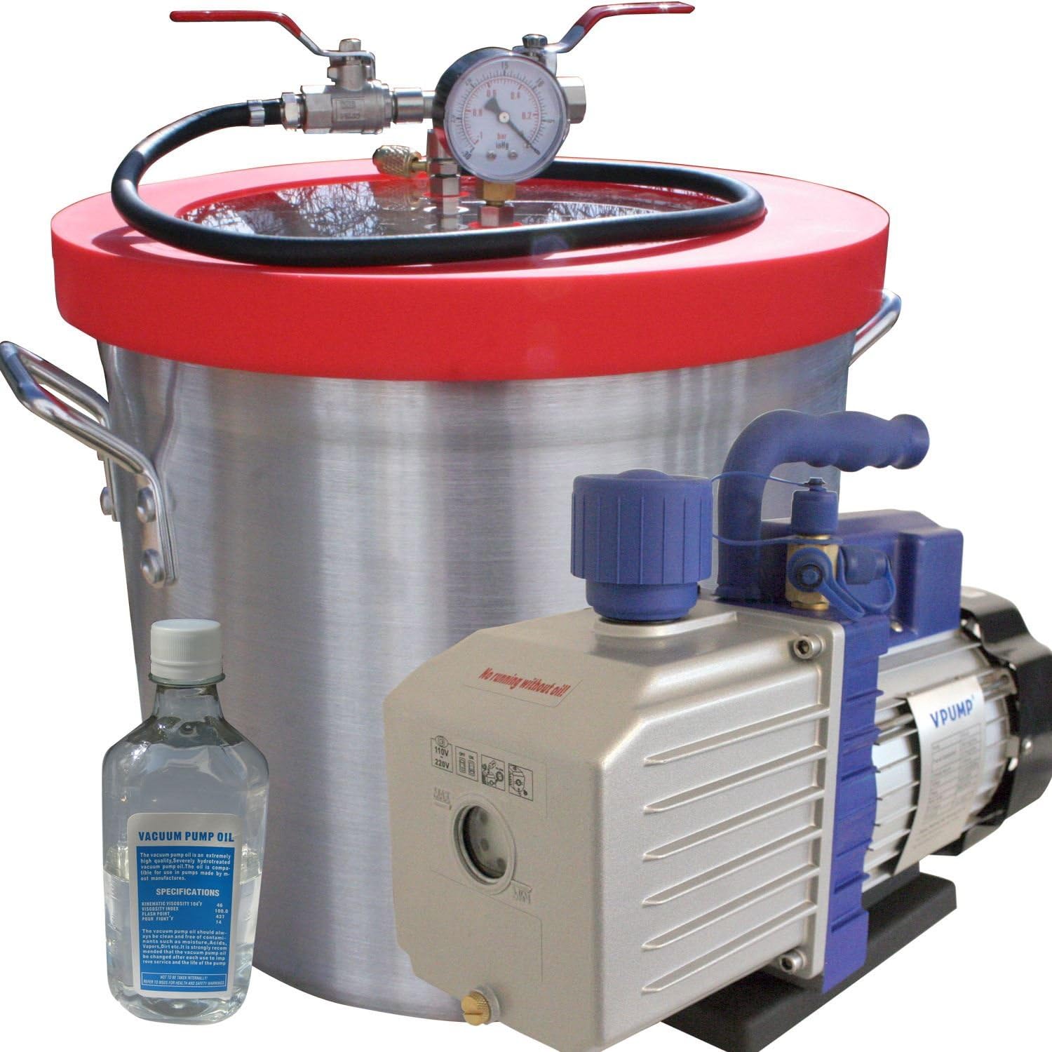 SEALAVAC Vacuum Chamber 18L, Aluminium 300mm Ø x 286mm H + Hose 1.5CFMD 1D Pump