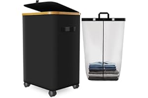 WUEVU Laundry Hamper with Wheels,20 Gal (75L) Laundry Basket with lid Rolling Clothes Hamper Foldable Dirty Clothes Basket on wheels with Bamboo Frame and Bag for Bedroom, Dorm, Laundry Room-Black