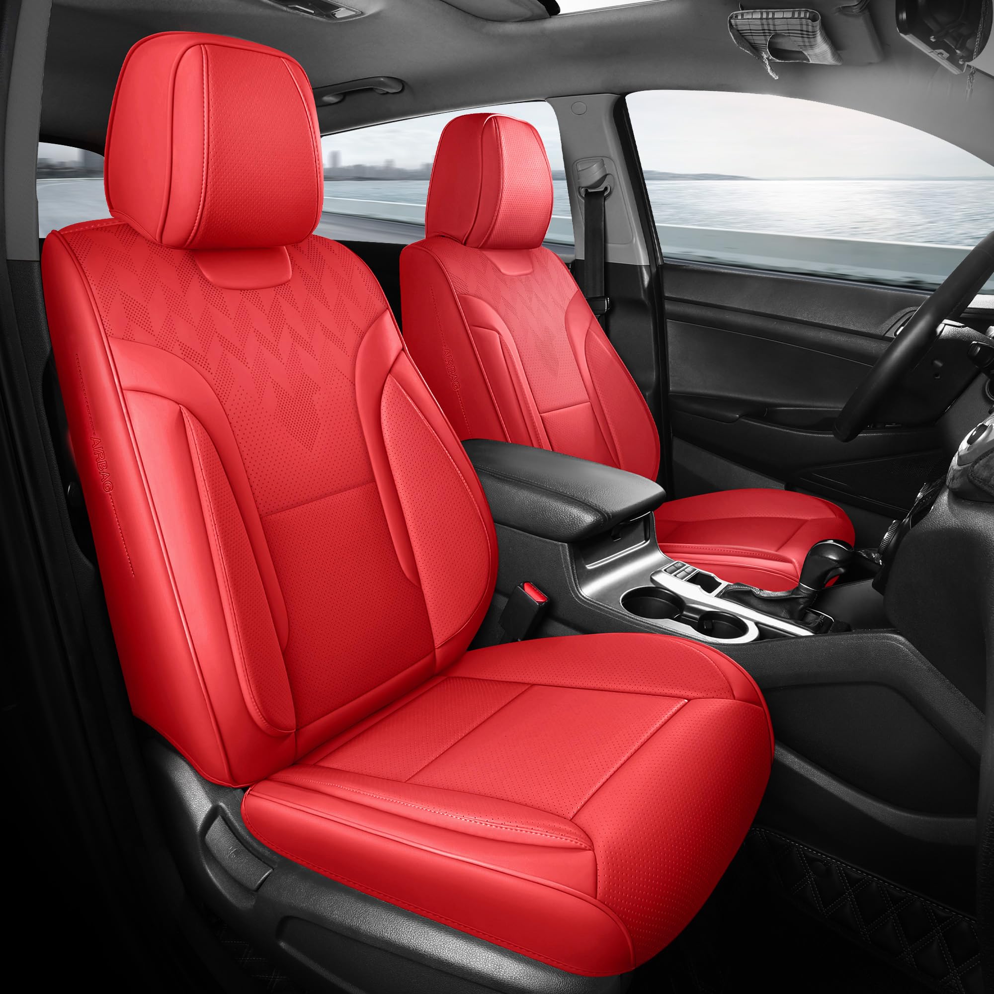 Photo 1 of FEINEPRO Red Car Seat Covers Full Set - Breathable Faux Leather Universal 5 Seat Covers for Cars, Automotive Protector Fit for Most Sedan SUV Pick-up Truck