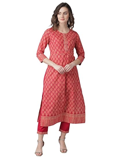 Women's pure cotton Straight Kurta sets With Trousers (Pink)