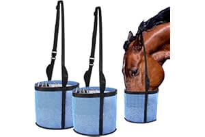 Locmeo 2 Pcs Horse Feed Bag Comfort Breathable Mesh Feed Bucket Heavy Duty Feed Bag with Adjustable Strap and Waterproof Bottom for Horse Feeding Supplies Muzzle Feed Bag, Medium (Blue)