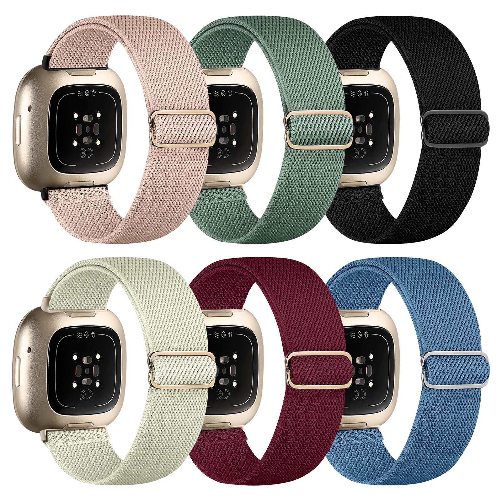 chinbersky 6 Pack Strap Compatible with Fitbit Versa 3 Straps/Fitbit 4 Strap/Fitbit Sense Adjustable Nylon Sport Band 4/Versa 3/Sense 2/Sense, Starlight/Wine Red/Hazy Blue/Light Pink/Pine Green/Black