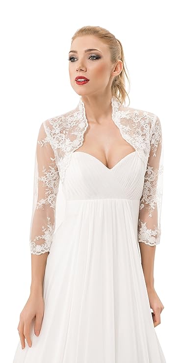 Damen Hochzeit Spitze Bolero fur die Braut Bolero Jacke 3/4 langer armel, mit Perlen und Flittern