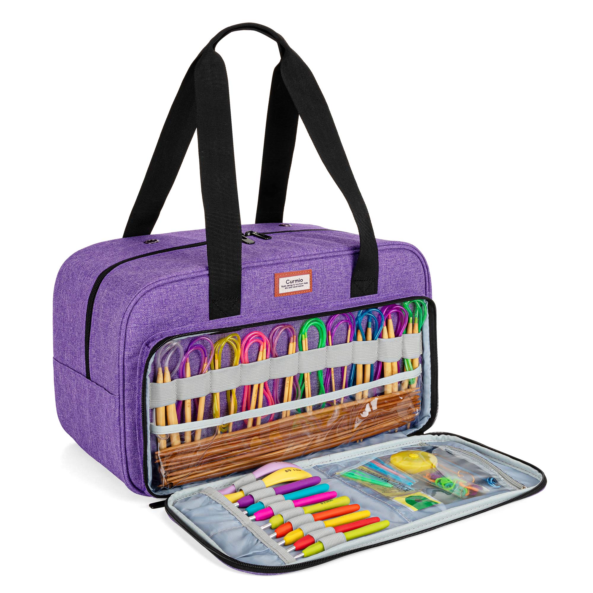 CURMIO Yarn Storage Bag, Knitting Tote Bag for Crochet Hooks, Knitting Project and Accessories, Ideal for Crochet Beginners and Knitting Lovers, Bag Only,Purple