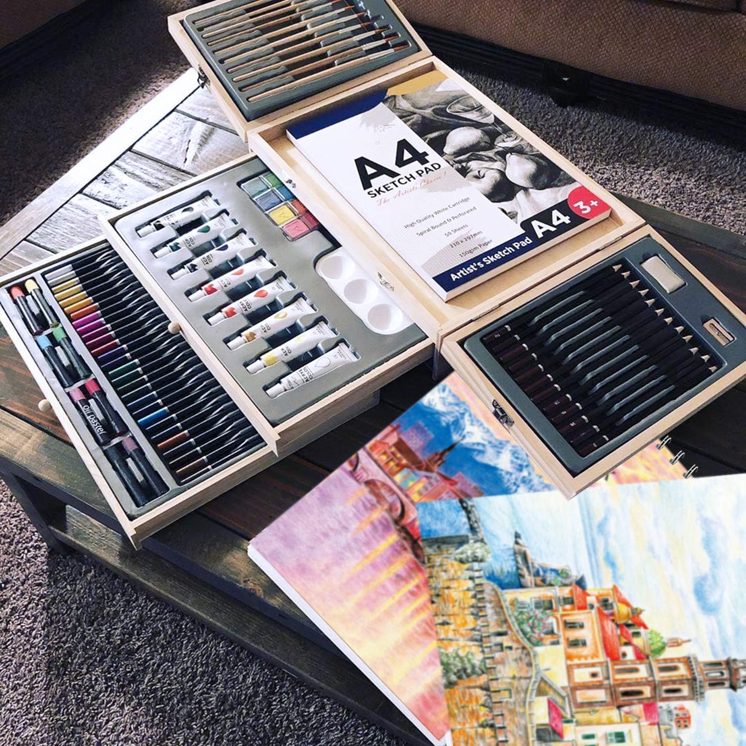 Professional Art Set 85 Piece with Drawing Pads, Deluxe Art Kit in Portable Wooden Case-Painting & Drawing Set, Art Supplies for Kids, Teens and Adults/Perfect Gift，Painting Supplies (White)